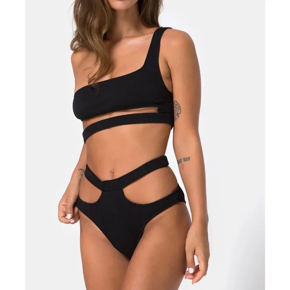 $75 NWT Motel Drelins Bikini Top & bottoms In Black Rib sz M/L